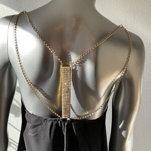 Original Visio Black sheer floating top.  Backless Gold tone chain/Rhinestone